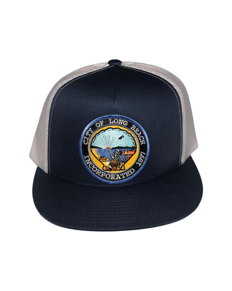Navy & White Mesh Trucker Hat W/ City Seal After Hour Prints